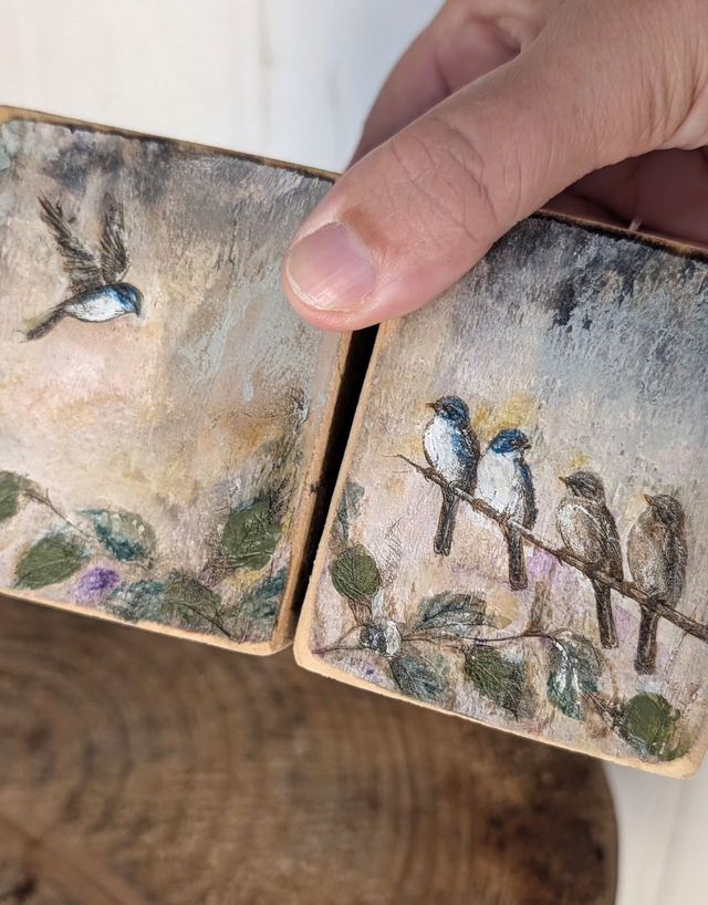 Birds - evening fall - Set of Two Tealight Holders Reclaimed Wood