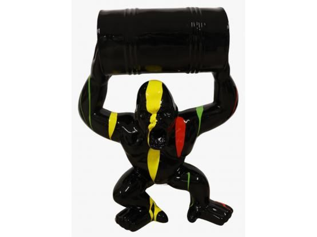 SCULPTURE GORILLE AVEC BARIL FOND NOIR/ MULTICOULEURS 95 CM - NOIR MULTICOULEURS

