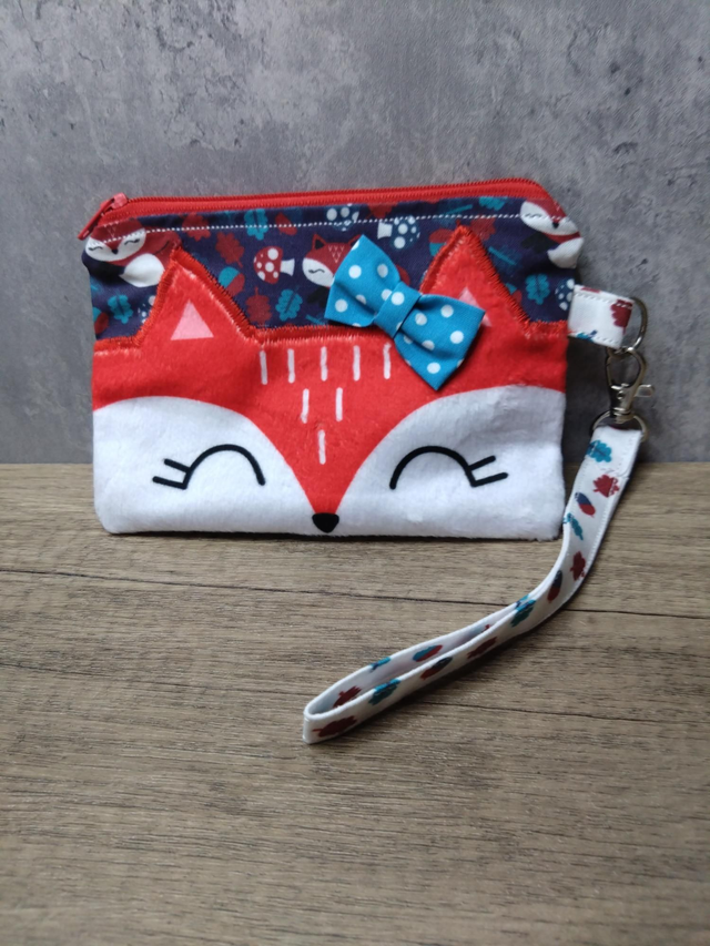 Red fox zip purse with wrist strap