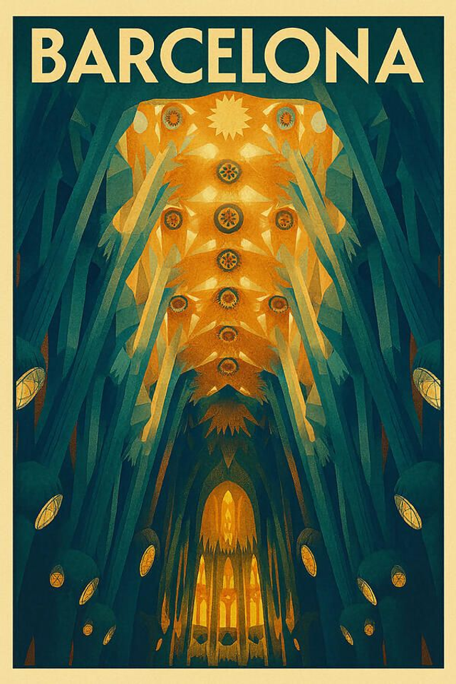 Póster de viaje vintage de Barcelona, ​​techo interior de la Sagrada Familia.
