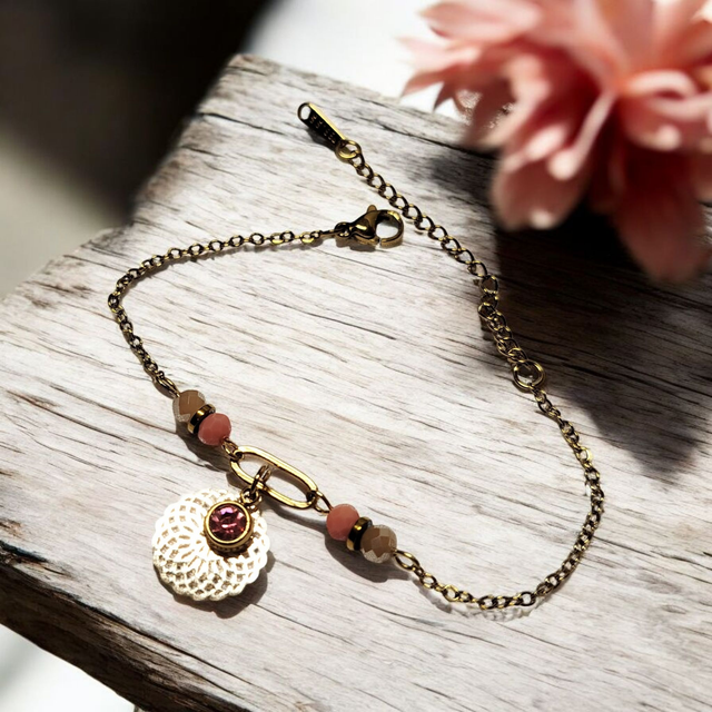 Bracelet acier inoxydable et strass corail et doré