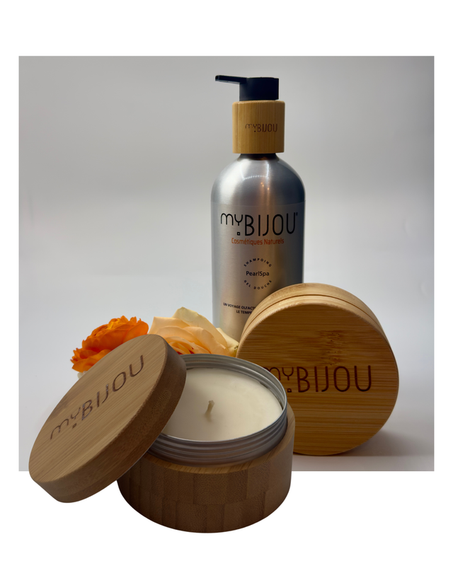 Kit Cocooning 500- Bougie Collab "Le Loup Blanc" 150g + Kit Family. Une pause tropicale chez toi. Naturel, sensoriel, chaleureux.