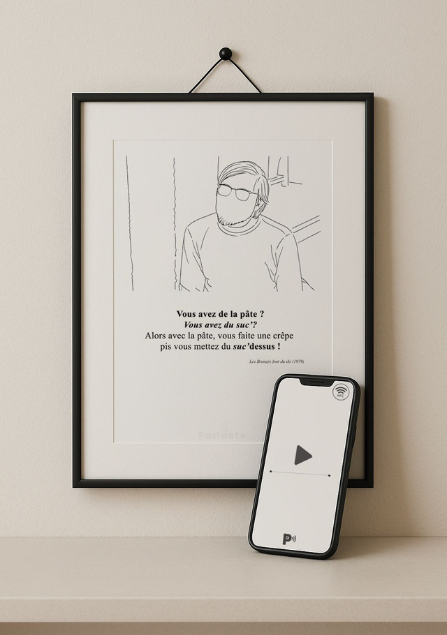 Affiche minimaliste connectée cinéma Les bronzés font du ski | La crêpe au sucre (Audio ou Vidéo inclus)