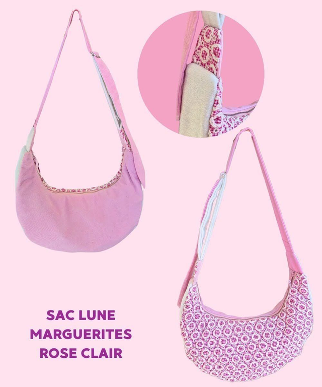 Sac DEMILUNE Velours Rose et Motif Marguerite