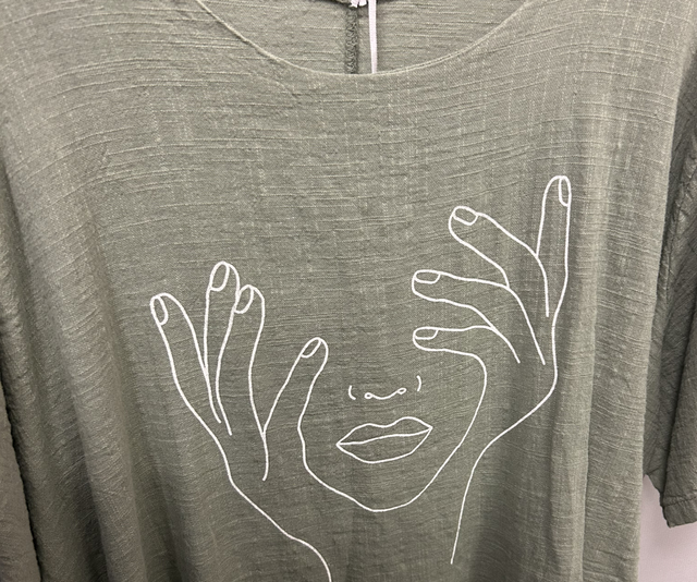 LMF - Green Linen Top with Face and Hands Motif - Free Size - 1924