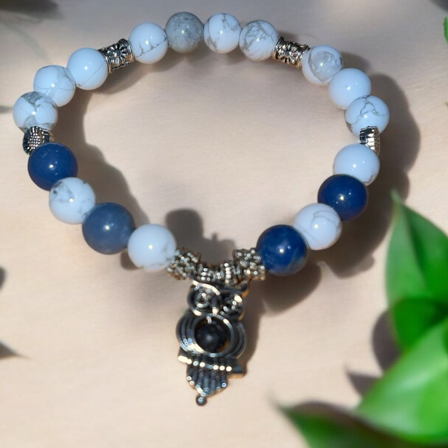 U4 bracelet bien-être Howlite aventurine bleue charm’s chouette pierre de lave 