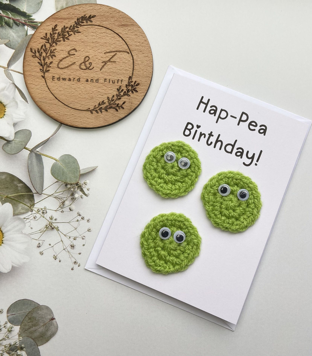 Happy Birthday card, Hap-PEA Birthday, Pun birthday card, Funny card, Handmade Crochet card 