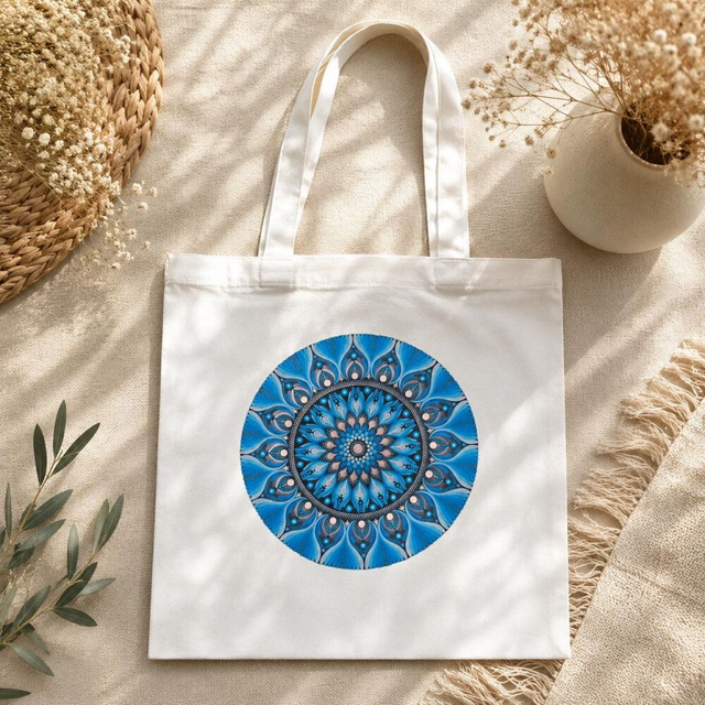 Sac tote bag en coton blanc – Mandala orange ou bleu