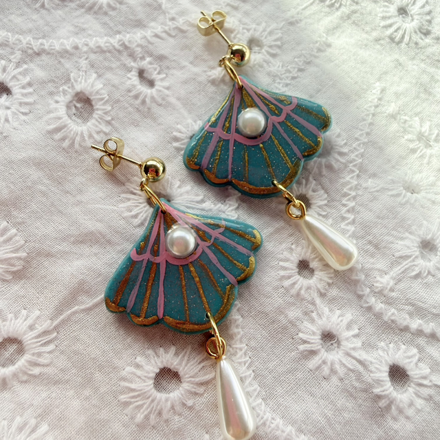 Turquoise Seashell Pearl Dangly Earrings