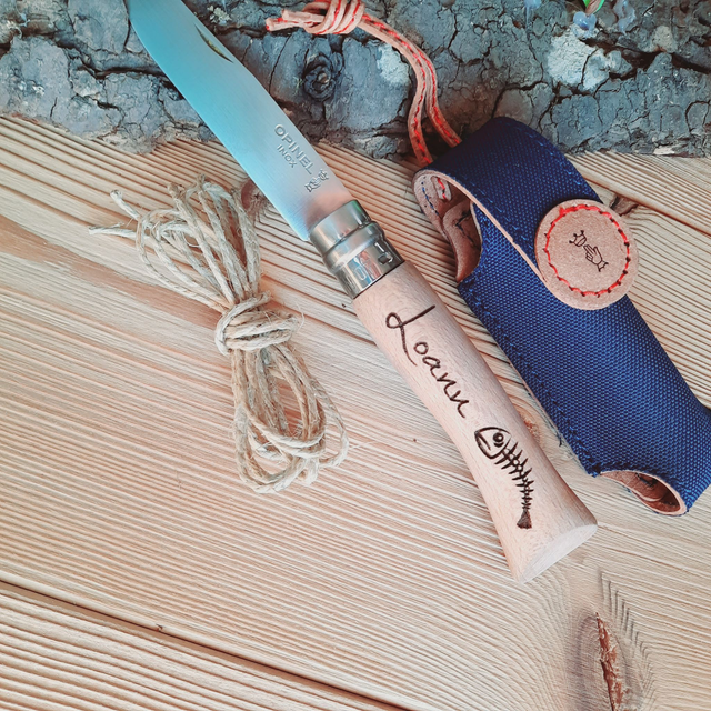 Coffret Couteau Enfant Opinel en Bois de Hêtre - Gravure Poisson et Prénom