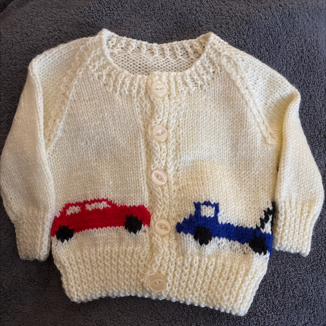 Cream cardigan with car and truck 6-12months