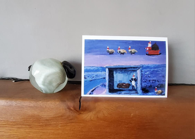 Father Christmas and his flying sheep over Commondale Bus stop, A6 card