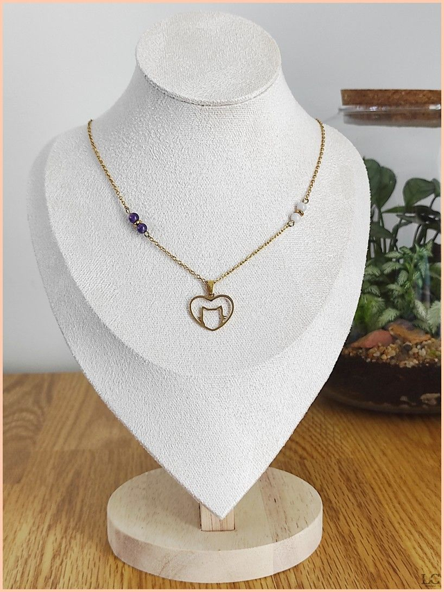 Collier chat, pierre naturelle - Améthyste et Quartz rose