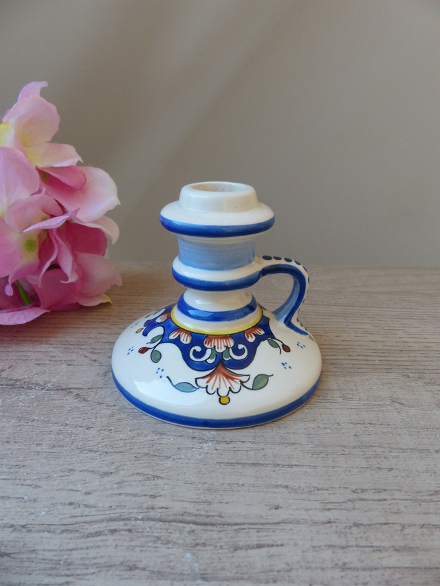 Bougeoir Ancien en Faïence de Rouen – Peint à la Main – Décor Floral – Porte-Bougie Mural avec Poignée – Style Romantique et Bohème