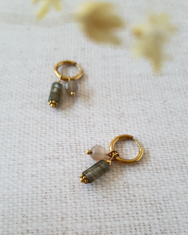 Boucles d&#039;oreilles Labradorite et Pierre de lune - Eclat