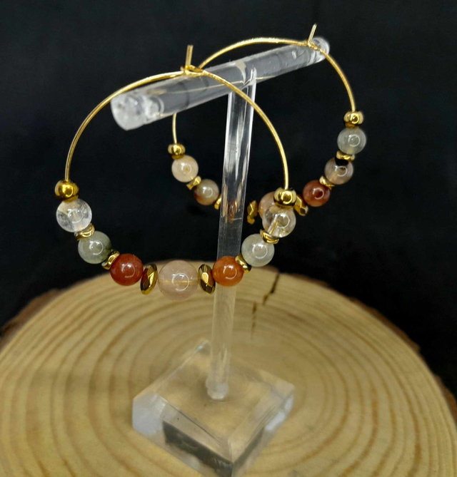 Boucles d&#039;oreilles créoles quartz rutile acier or inoxydable