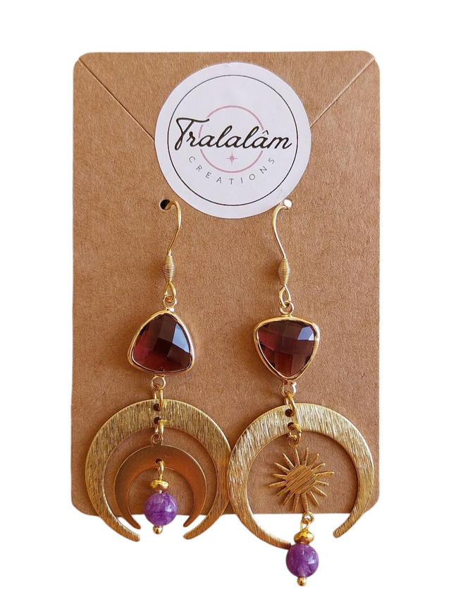 ✨Boucles d’oreilles &quot;asymétriques lune/soleil améthyste&quot;✨