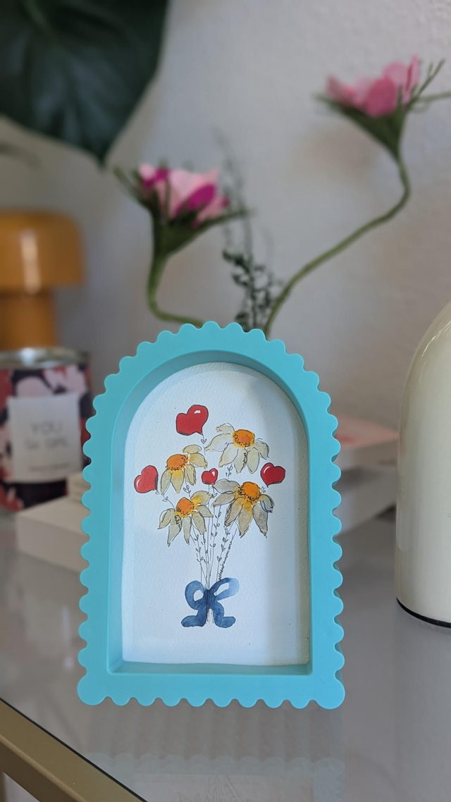 Aquarelle originale - bouquet - cadre turquoise 