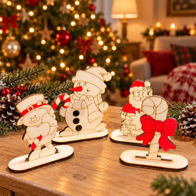 Set 4 personaggi natalizi in legno da appoggio – decorazione Natale