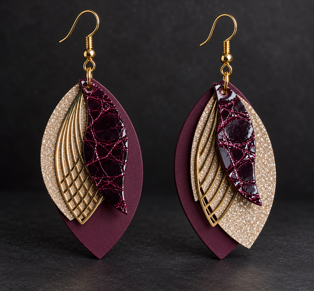 Éclat de Prune & Or – Boucles d’oreilles asymétriques en cuir véritable