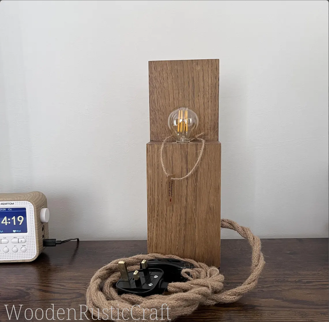 Rustic Oak Farmhouse Lamp with Jute Cord
