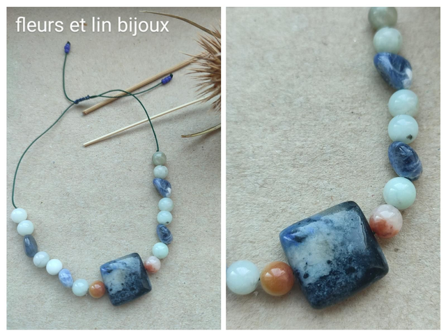Bracelet en amazonite et sodalite ( pierres naturelles) réglable sur fil de jade très résistant 