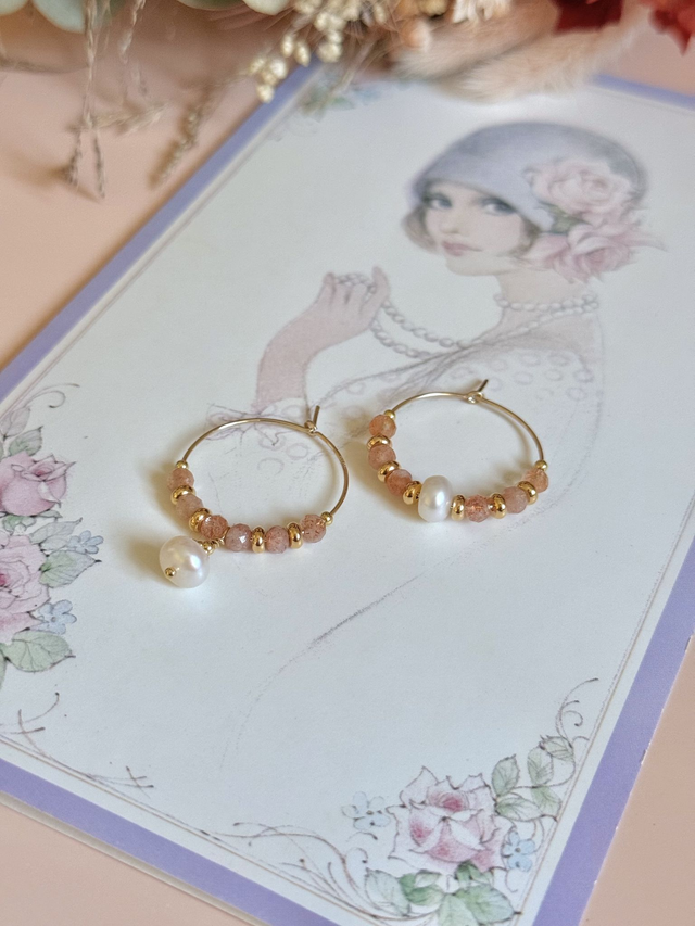 Créoles Heliolite (pierre du soleil), Perles Philippines, Collection "Envoûtante"