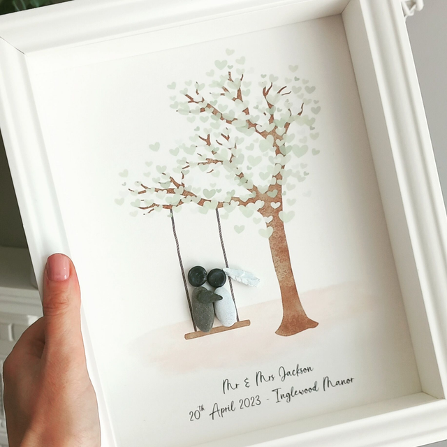 Personalised wedding pebble picture with couple on swing  | Wedding gift | Wedding Frame | Pebble Couple | Bride &amp; Groom 