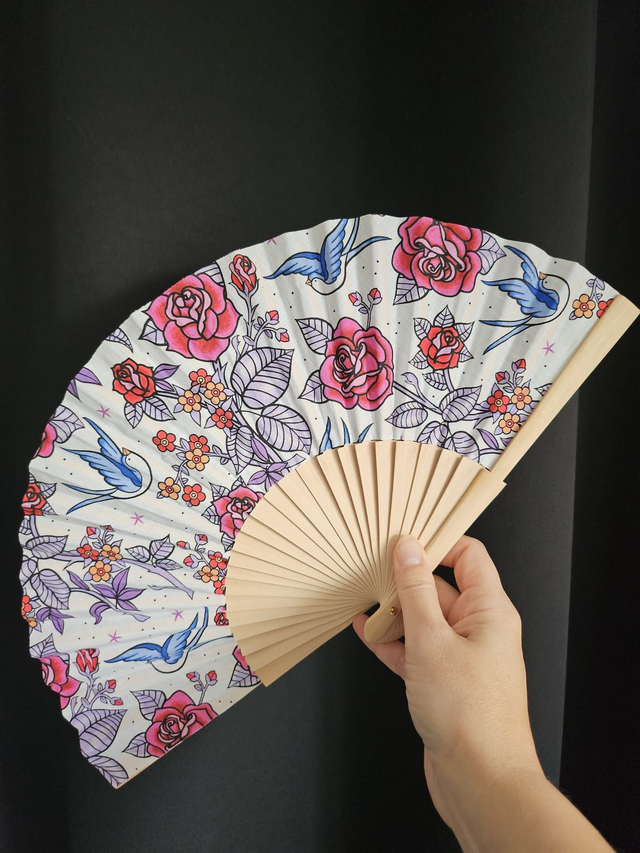 Évantail tissu fait main - modèle rose oiseaux 