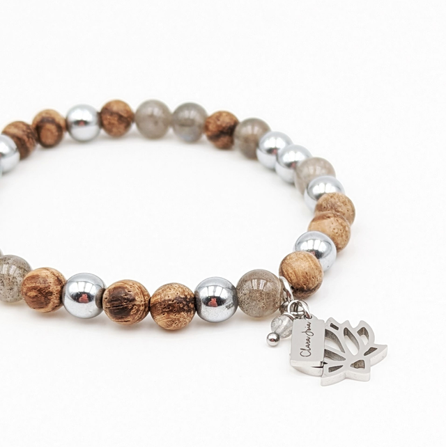🌿 Bracelet Labradorite, Bois d’Encens &amp; Acier – Protection &amp; Élévation