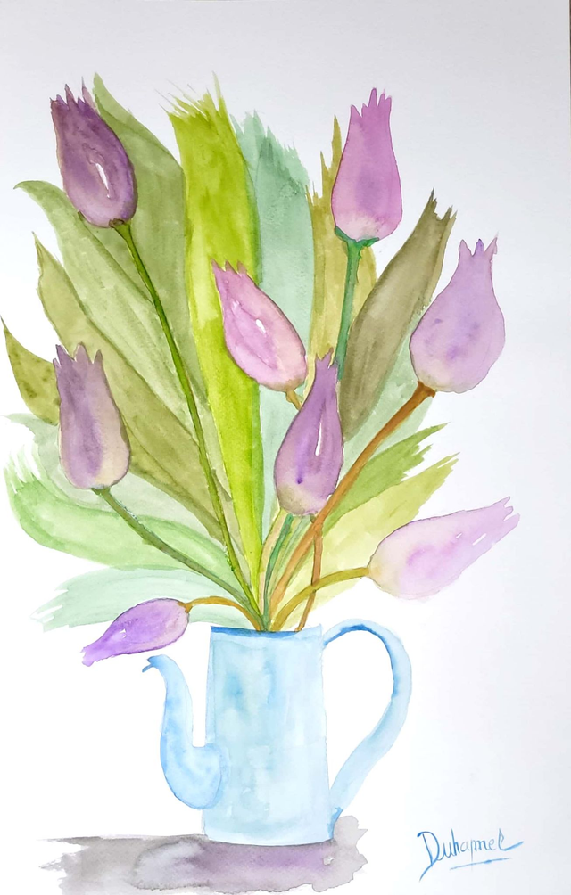 Tulipes violettes et son vase bleu, 2016