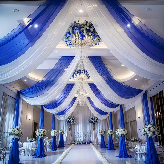 Royal Blue and White Ceiling Curtain Set 5 x 26ft 2pcs 