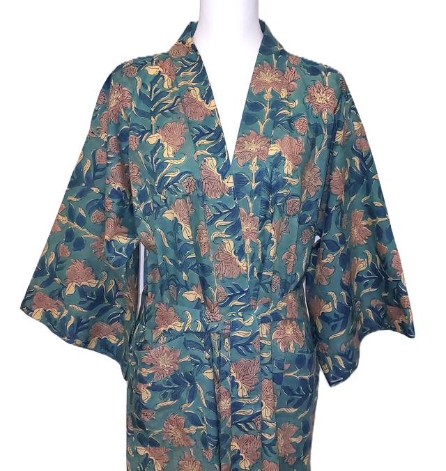 Robe kimono en coton - Peignoir, robe de chambre - Imprimé à la main, motif floral - Beige et vert - L100cm et L120cm