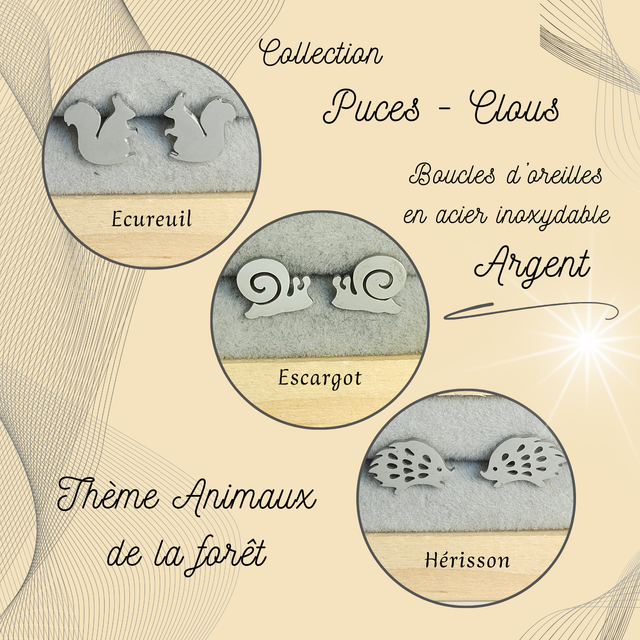 Clous d&#039;oreilles - Thème Animaux de la forêt - Acier Argent