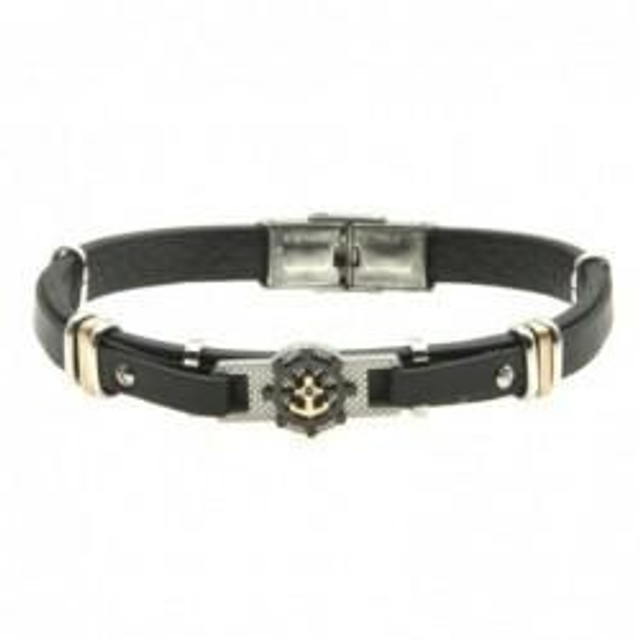 Bracciale uomo in cuoio nero con ancora