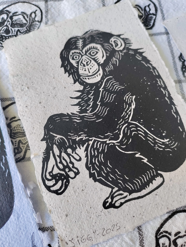 linogravure " JIgg", le chimpanzé 10X15 cm -papier café
