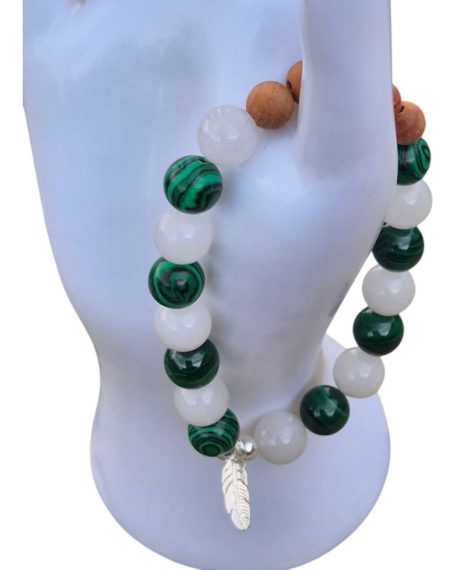 Moonstone, Malachite and Wooden Bead bracelet with Sterling silver beads and feather 