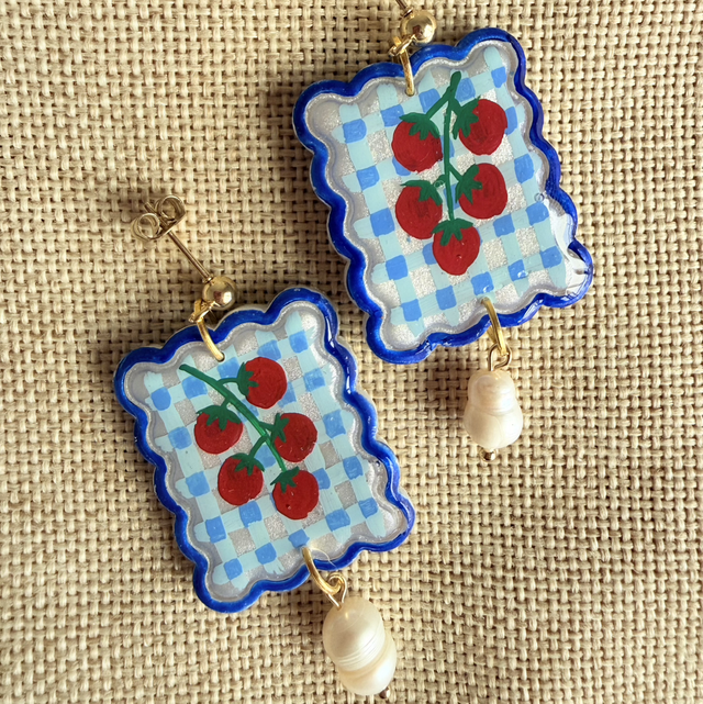 Blue Gingham Tomato Pearl Earrings