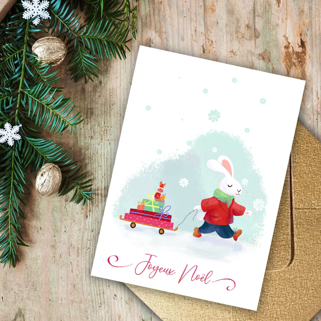 Carte de Voeux "Petit Lapin et son traineau" avec enveloppe dorée