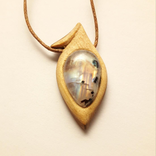 Rainbow Moonstone Necklace With Hand Carved Palo Santo Wood 