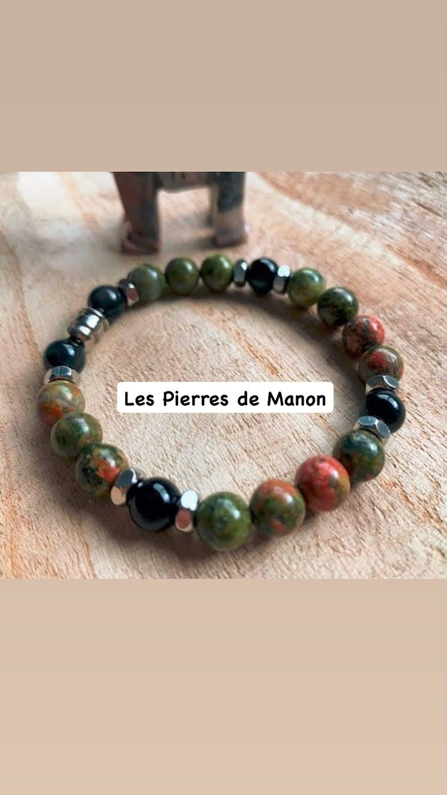 Bracelet Obsidienne noire et Unakite - Perles de 8mm