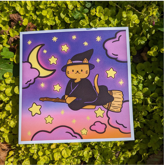 Cat Witch Flying On Broom