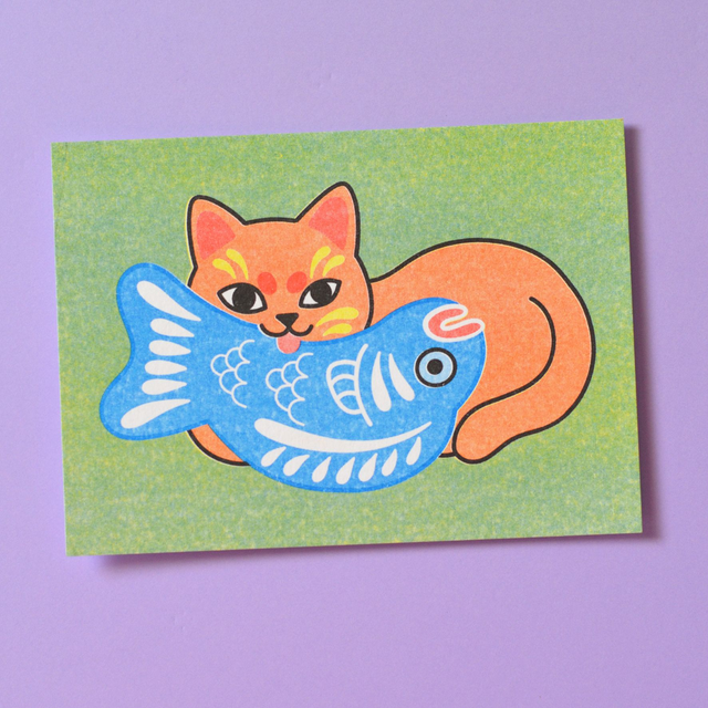 Carte postale RISO série mini jouets folklorique du Japon : Sakana neko midori