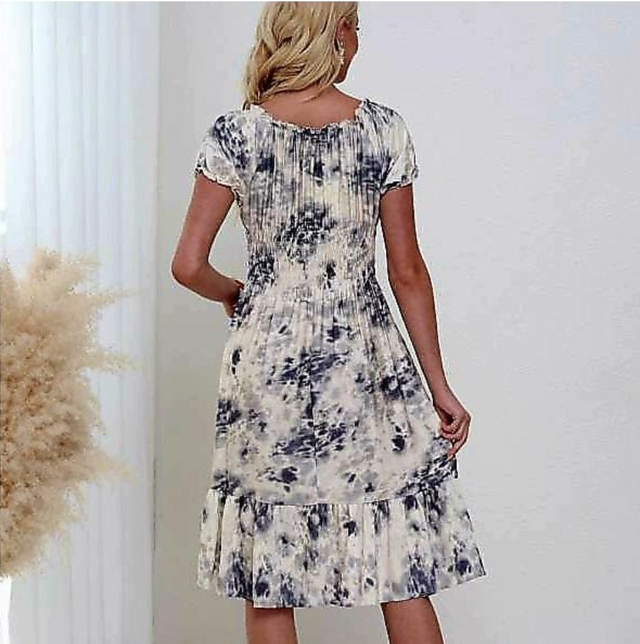 Blue Tye Dye Linen Cotton Bardot Midi Dress - KM