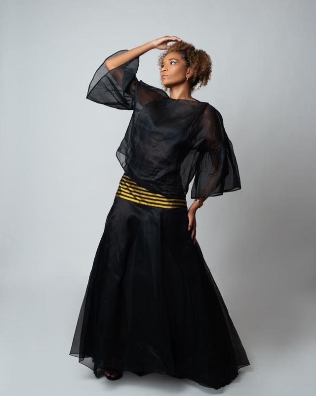 Jupe noire organdi Basque soie sauvage rayures