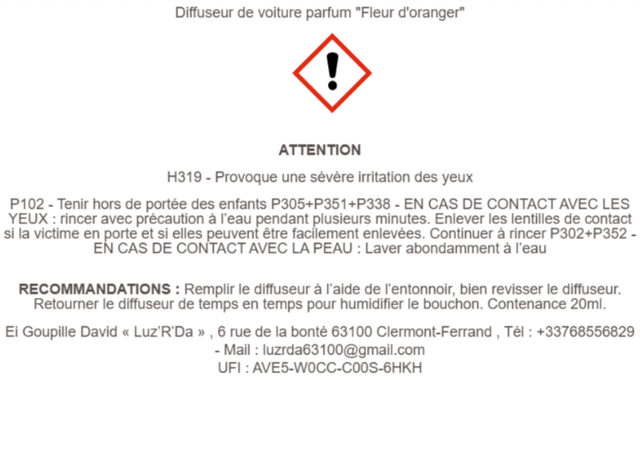 Diffuseur de parfum pour voiture "Fleur d'oranger"