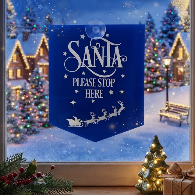 "Santa Please Stop Here" Blue Frosted Acrylic Christmas Window Sign