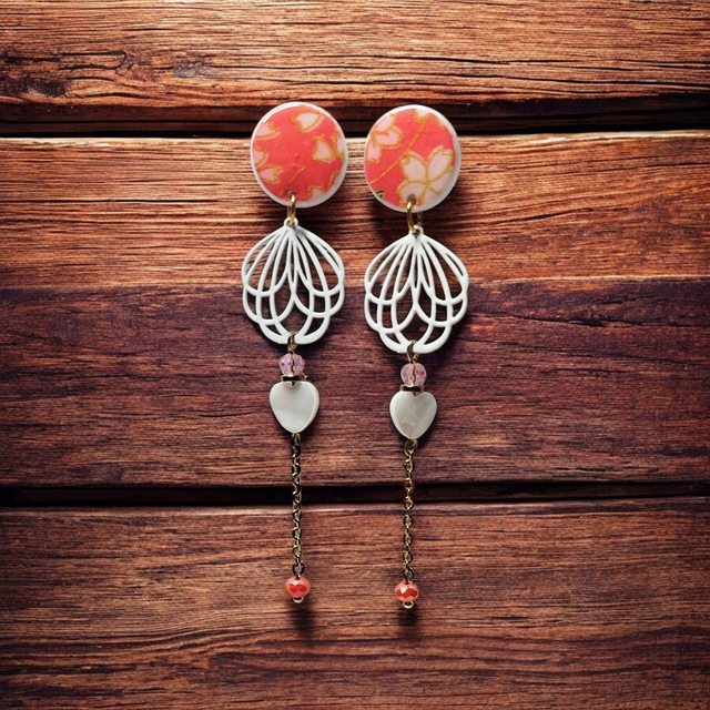 Boucles d'oreilles pendantes motifs japonais corail