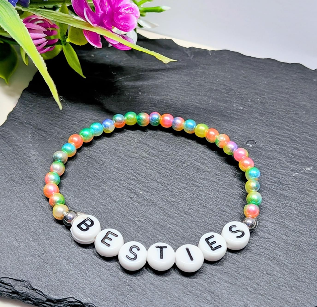 Rainbow Pearl Style Ceramic Beaded "Besties" Children's Stretch Bracelet 