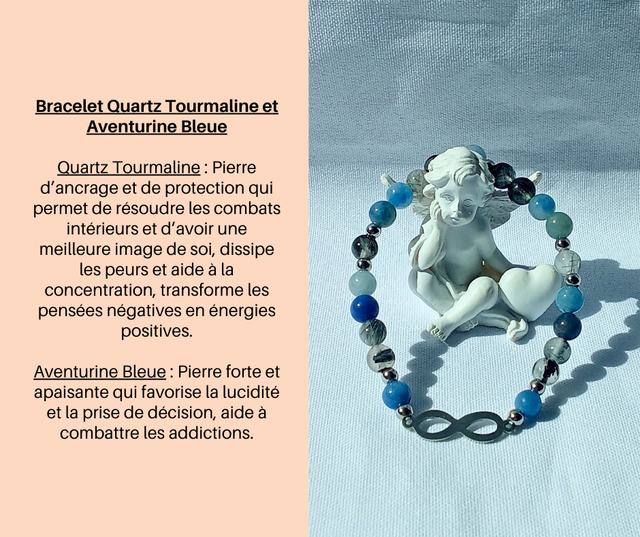 228- Bracelet Quartz Tourmaline et Aventurine Bleue
